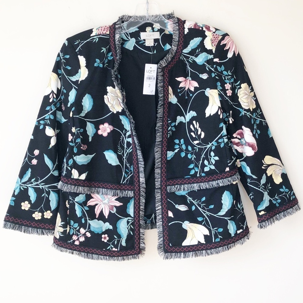 LOFT Black Floral Embroidered Fringe Trim Blazer
